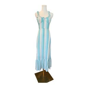 Olivaceous summer aqua and white stripped maxi dress structured cups ruffles S